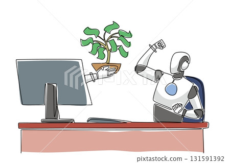 Continuous one line drawing hand of robot out of monitor screen while hold money tree with leaves made of banknotes. Branching benefits. Things from Screen. Single line draw design vector illustration 131591392