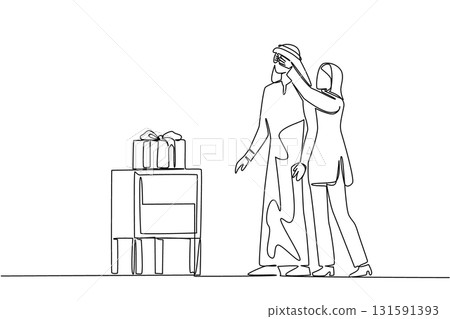 Continuous one line drawing an arab woman standing behind an arab man covering his eyes. A marriage that will always be happy. A happy surprise. Surprise. Single line draw design vector illustration 131591393