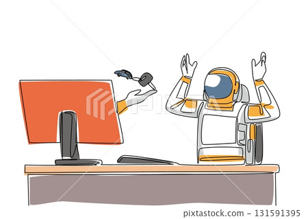 Single continuous line drawing hand of astronaut out of the monitor screen while holding a car key with a car shaped keychain. Additional bonus. Things from Screen. One line design vector illustration Single continuous line drawing hand of astronaut out of the monitor screen while holding a car key with a car shaped keychain. Additional bonus. Things from Screen. One line design vector illustration 131591395