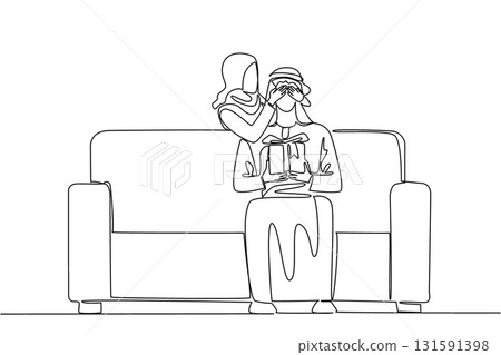 Single one line drawing an arab man sitting on a sofa holding a gift box. There is always a way to create happiness. Love. Care. Perfect couple. Surprise. Continuous line design graphic illustration Single one line drawing an arab man sitting on a sofa holding a gift box. There is always a way to create happiness. Love. Care. Perfect couple. Surprise. Continuous line design graphic illustration 131591398