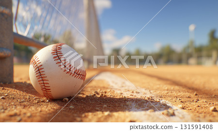 Baseball and net on the dirt infield 131591408