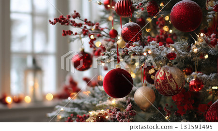 Snowy tree decorated with red and gold ornaments 131591495