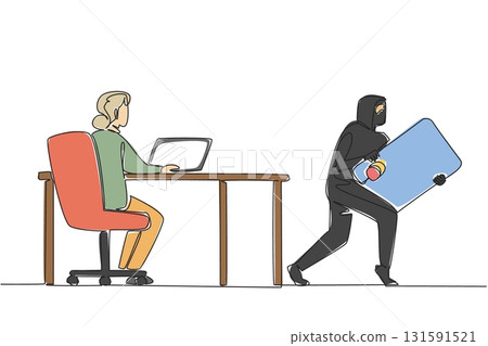 Continuous one line drawing grandma typing on laptop and thief taking credit card from behind screen. Hacking. Data. National Senior Fraud Awareness Day. Single line draw design vector illustration 131591521