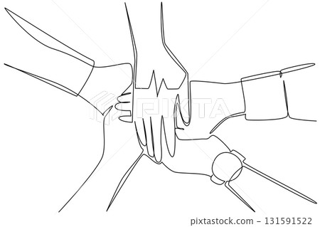 Single one line drawing several hands stacked in a circle with the heart pulse in the middle. Work team agreement. National Employee Health and Fitness Day. Continuous line design graphic illustration 131591522