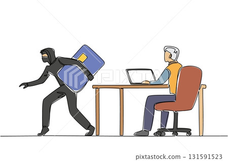 Single one line drawing grandpa typing on laptop and thief taking credit card from behind screen. Lack of awareness. National Senior Fraud Awareness Day. Continuous line design graphic illustration 131591523