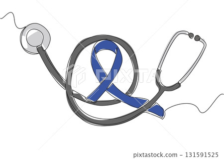 Single continuous line drawing stethoscope with coiled cable and in the middle is a blue campaign ribbon. Care about preventing. National Tuberous Sclerosis Day. One line design vector illustration 131591525