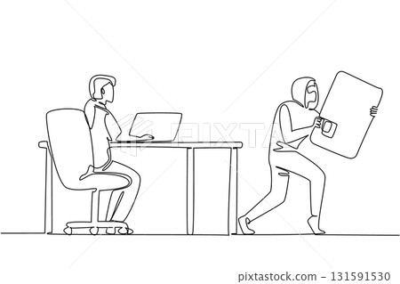 Single continuous line drawing woman typing on laptop and thief taking large credit card. Thieves act when target is off guard. National Senior Fraud Awareness Day. One line design vector illustration 131591530