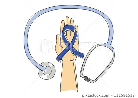 Continuous one line drawing stethoscope wrapped around hand with blue band on palm. Doctors advise to increase awareness. National Tuberous Sclerosis Day. Single line draw design vector illustration Continuous one line drawing stethoscope wrapped around hand with blue band on palm. Doctors advise to increase awareness. National Tuberous Sclerosis Day. Single line draw design vector illustration 131591532