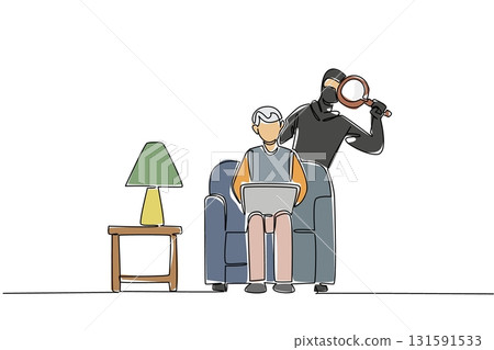 Single continuous line drawing grandpa sit on the sofa hold laptop with a thief using a magnifier behind. Not safe. Secureles. National Senior Fraud Awareness Day. One line design vector illustration Single continuous line drawing grandpa sit on the sofa hold laptop with a thief using a magnifier behind. Not safe. Secureles. National Senior Fraud Awareness Day. One line design vector illustration 131591533