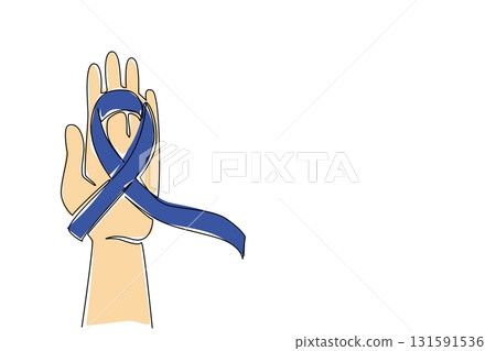 Single one line drawing blue ribbon campaign on palm. Charity drive raises awareness of rare diseases. Take precautions. National Tuberous Sclerosis Day. Continuous line design graphic illustration Single one line drawing blue ribbon campaign on palm. Charity drive raises awareness of rare diseases. Take precautions. National Tuberous Sclerosis Day. Continuous line design graphic illustration 131591536
