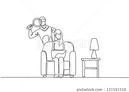 Continuous one line drawing woman sitting on sofa holds laptop and thief using magnifier. Secretly observing and hack. National Senior Fraud Awareness Day. Single line draw design vector illustration 131591538