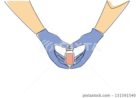 Single one line drawing 2 hands forming a heart while holding vaccine bottle. Inject the vaccine according to the dosage. Health. National Safety Dose Day. Continuous line design graphic illustration Single one line drawing 2 hands forming a heart while holding vaccine bottle. Inject the vaccine according to the dosage. Health. National Safety Dose Day. Continuous line design graphic illustration 131591540