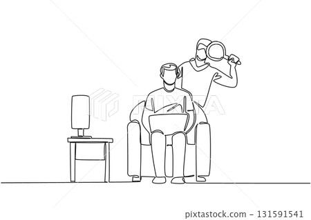 Single one line drawing man sitting on sofa holding laptop and thief using magnifier. Peeking at passwords. Crime. National Senior Fraud Awareness Day. Continuous line design graphic illustration 131591541