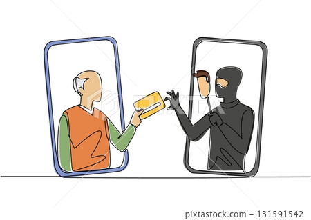 Single one line drawing grandpa out of his smartphone and hands his credit card to a masked thief. Camouflage. Crime. National Senior Fraud Awareness Day. Continuous line design graphic illustration 131591542