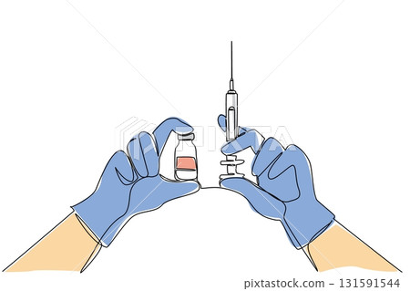 Single continuous line drawing 2 blue gloved hands each holding a syringe and a vaccine bottle. Vaccines for immunity. Anti infection. National Safety Dose Day. One line design vector illustration 131591544