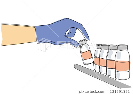 Continuous one line drawing blue gloved hand is taking a vaccine bottle. Vaccine stocks are dwindling. Preventing the virus. National Safety Dose Day. Single line draw design vector illustration Continuous one line drawing blue gloved hand is taking a vaccine bottle. Vaccine stocks are dwindling. Preventing the virus. National Safety Dose Day. Single line draw design vector illustration 131591551