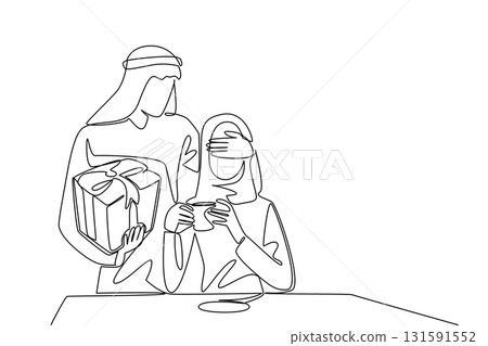 Continuous one line drawing an arab man standing behind an arab woman who is sitting enjoying coffee. Special surprise in the morning. Spouse. Surprise. Single line draw design vector illustration Continuous one line drawing an arab man standing behind an arab woman who is sitting enjoying coffee. Special surprise in the morning. Spouse. Surprise. Single line draw design vector illustration 131591552