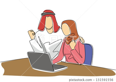 Continuous one line drawing an arab woman sitting on a chair looking at a laptop. The happy feeling of winning a quiz online. An impression gift. Surprise. Single line draw design vector illustration 131591556