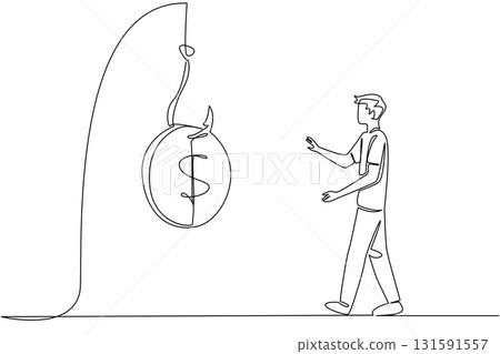 Single continuous line drawing a man chasing hook with coins attached to it. Fooled by fake investment lures. Too greedy. Loss. National Senior Fraud Awareness Day. One line design vector illustration 131591557