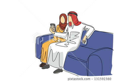 Single one line drawing an arab man and an arab woman sitting on a sofa looking at smartphone. Track packages ordered online. Make partner happy. Surprise. Continuous line design graphic illustration 131591560