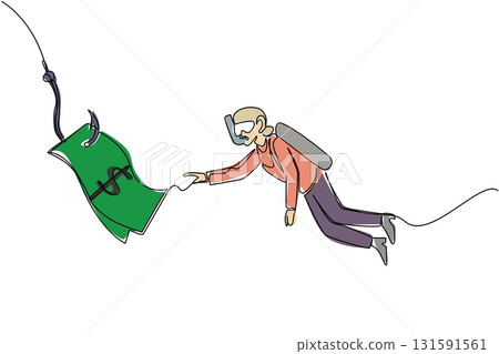 Single continuous line drawing grandma dives and chases hook with dollar bills attached. Illegal investments very detrimental. National Senior Fraud Awareness Day. One line design vector illustration Single continuous line drawing grandma dives and chases hook with dollar bills attached. Illegal investments very detrimental. National Senior Fraud Awareness Day. One line design vector illustration 131591561