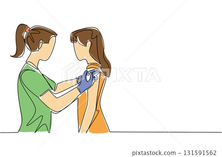 Single one line drawing female doctor giving injection to female patient. Vitamin C injection. Prevent influenza. Healthy living. National Safety Dose Day. Continuous line design graphic illustration 131591562
