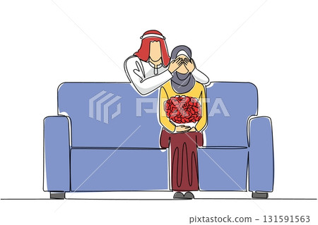 Continuous one line drawing an arab woman sitting on the sofa holding bouquet of flowers. Covering the eyes makes the curious. Perfect happiness. Surprise. Single line draw design vector illustration Continuous one line drawing an arab woman sitting on the sofa holding bouquet of flowers. Covering the eyes makes the curious. Perfect happiness. Surprise. Single line draw design vector illustration 131591563