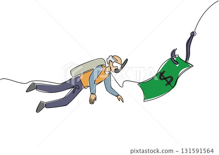 Single one line drawing grandpa dives and chases hook with dollar bills attached. Wrong investment. Lots of losses. National Senior Fraud Awareness Day. Continuous line design graphic illustration 131591564