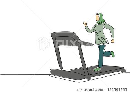 Single one line drawing Arab woman in hijab running on treadmill with heart impulse. Busy. Exercise. Stay healthy. National Employee Health and Fitness Day. Continuous line design graphic illustration 131591565