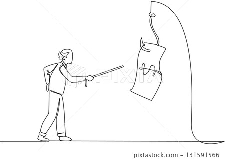 Single continuous line drawing grandpa chasing a hook with a dollar bill attached to it. Expecting loans in old age. Danger. National Senior Fraud Awareness Day. One line design vector illustration Single continuous line drawing grandpa chasing a hook with a dollar bill attached to it. Expecting loans in old age. Danger. National Senior Fraud Awareness Day. One line design vector illustration 131591566