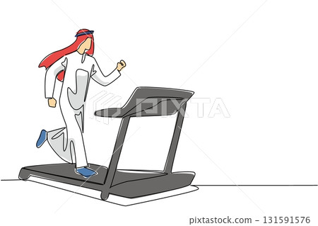 Continuous one line drawing turbaned arab man running on treadmill with heart impulse. Maintain health. Sport. National Employee Health and Fitness Day. Single line draw design vector illustration Continuous one line drawing turbaned arab man running on treadmill with heart impulse. Maintain health. Sport. National Employee Health and Fitness Day. Single line draw design vector illustration 131591576