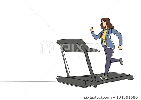 Single continuous line drawing woman in blazer running on treadmill with heart impulse. Exercise before busy working. National Employee Health and Fitness Day. One line design vector illustration Single continuous line drawing woman in blazer running on treadmill with heart impulse. Exercise before busy working. National Employee Health and Fitness Day. One line design vector illustration 131591586