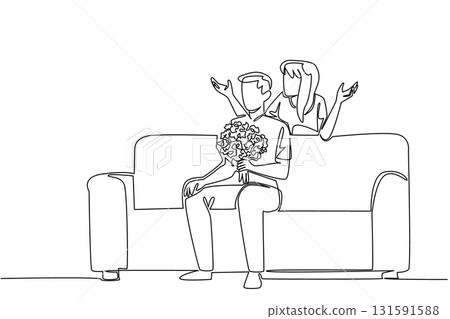 Single continuous line drawing a woman standing behind a man sitting on a sofa holding a bouquet of flowers. Beauty loving woman gives beautiful flower. Surprise. One line design vector illustration Single continuous line drawing a woman standing behind a man sitting on a sofa holding a bouquet of flowers. Beauty loving woman gives beautiful flower. Surprise. One line design vector illustration 131591588