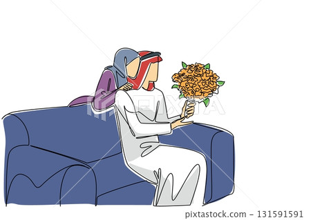 Single continuous line drawing  an arab man sitting on sofa holding bouquet of flowers. Maintaining household harmony. True happiness. Always comfortable. Surprise. One line design vector illustration 131591591