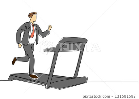 Continuous one line drawing man in suit running on treadmill with heart impulse. Healthy morning before work. National Employee Health and Fitness Day. Single line draw design vector illustration 131591592