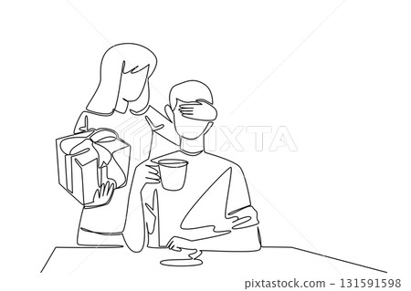 Continuous one line drawing a woman standing behind man covering eyes of the man who sitting enjoying coffee. Small gift with big thoughtfulness. Surprise. Single line draw design vector illustration 131591598