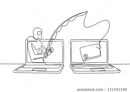 Single continuous line drawing a masked thief fishing for credit cards on a laptop screen. Hackers commit crimes. Data theft. National Senior Fraud Awareness Day. One line design vector illustration Single continuous line drawing a masked thief fishing for credit cards on a laptop screen. Hackers commit crimes. Data theft. National Senior Fraud Awareness Day. One line design vector illustration 131591599