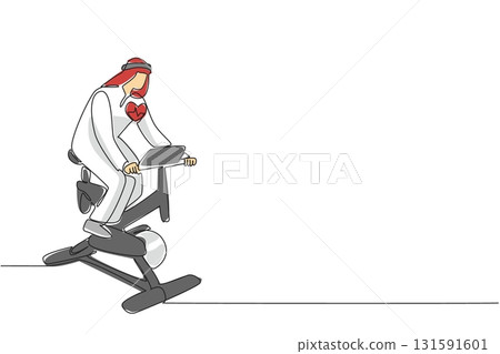 Single continuous line drawing Arab young man in turban and robe pedaling stationary bike. Exercise before work. Sweaty. National Employee Health and Fitness Day. One line design vector illustration Single continuous line drawing Arab young man in turban and robe pedaling stationary bike. Exercise before work. Sweaty. National Employee Health and Fitness Day. One line design vector illustration 131591601