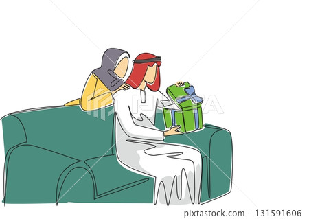 Single one line drawing an arab man sitting on the sofa while opening a gift box. Exchanging gifts fosters feelings of affection. Role model. Surprise. Continuous line design graphic illustration 131591606