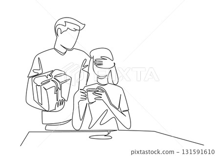 Single one line drawing a man standing behind a woman covering the eyes of the woman who sitting enjoying coffee. Desire to make an impression. Surprise. Continuous line design graphic illustration 131591610