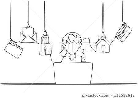 Single continuous line drawing a grandma typing on a laptop and some icons require login. Data vulnerability that easy to hack. National Senior Fraud Awareness Day. One line design vector illustration 131591612