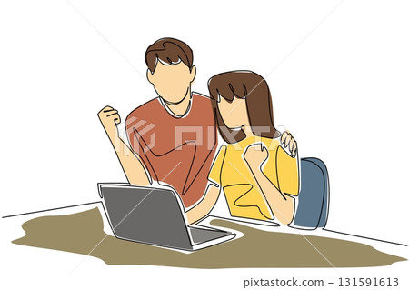 Single one line drawing a young couple expressing themselves in front of a laptop. Targeting items in cyberspace and getting discounts. Shopping. Surprise. Continuous line design graphic illustration 131591613