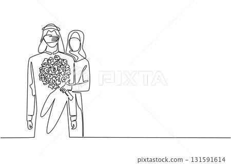 Single continuous line drawing an arab woman standing behind an arab man while covering his eyes with her hands. Romantic place to celebrate happiness. Surprise. One line design vector illustration Single continuous line drawing an arab woman standing behind an arab man while covering his eyes with her hands. Romantic place to celebrate happiness. Surprise. One line design vector illustration 131591614