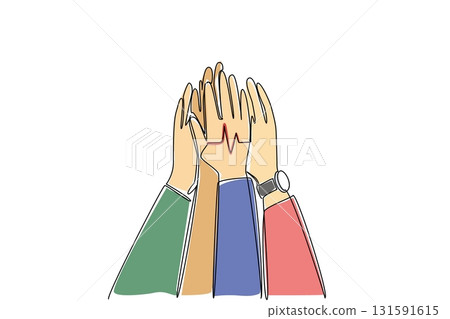 Single continuous line drawing several hands doing high five with heart pulse in the middle. Agreed to prioritize health. National Employee Health and Fitness Day. One line design vector illustration 131591615