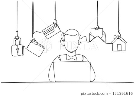 Single one line drawing a grandpa typing on laptop and some icons that require login. Data that is vulnerable to theft. National Senior Fraud Awareness Day. Continuous line design graphic illustration Single one line drawing a grandpa typing on laptop and some icons that require login. Data that is vulnerable to theft. National Senior Fraud Awareness Day. Continuous line design graphic illustration 131591616