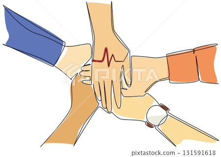Single one line drawing several hands stacked in a circle with the heart pulse in the middle. Work team agreement. National Employee Health and Fitness Day. Continuous line design graphic illustration Single one line drawing several hands stacked in a circle with the heart pulse in the middle. Work team agreement. National Employee Health and Fitness Day. Continuous line design graphic illustration 131591618