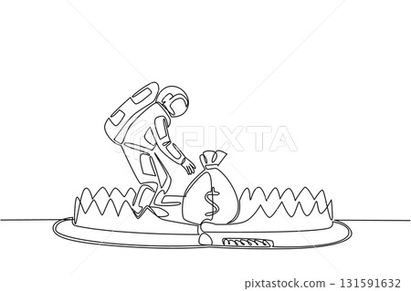 Single one line drawing astronaut is taking money bag on top of bear trap. Taking out a loan from a third party. Very detrimental in the future. Money Bait. Continuous line design graphic illustration Single one line drawing astronaut is taking money bag on top of bear trap. Taking out a loan from a third party. Very detrimental in the future. Money Bait. Continuous line design graphic illustration 131591632