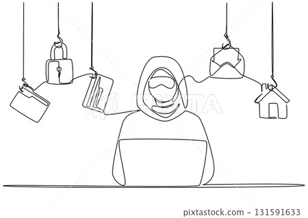 Single continuous line drawing masked thief wear hoodie typing on laptop and 5 important icons. Hack multiple accounts at once. National Senior Fraud Awareness Day. One line design vector illustration Single continuous line drawing masked thief wear hoodie typing on laptop and 5 important icons. Hack multiple accounts at once. National Senior Fraud Awareness Day. One line design vector illustration 131591633
