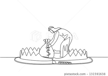 Continuous one line drawing arabian man is taking money bag on top of bear trap. Acting carelessly. Getting caught in the wrong investment. Money Bait. Single line draw design vector illustration Continuous one line drawing arabian man is taking money bag on top of bear trap. Acting carelessly. Getting caught in the wrong investment. Money Bait. Single line draw design vector illustration 131591638