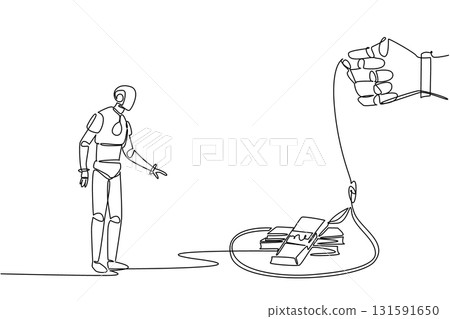 Continuous one line drawing robot walking towards a rope trap containing several stacks of banknotes. Barriers to a sophisticated future. Trap. Money Bait. Single line draw design vector illustration Continuous one line drawing robot walking towards a rope trap containing several stacks of banknotes. Barriers to a sophisticated future. Trap. Money Bait. Single line draw design vector illustration 131591650